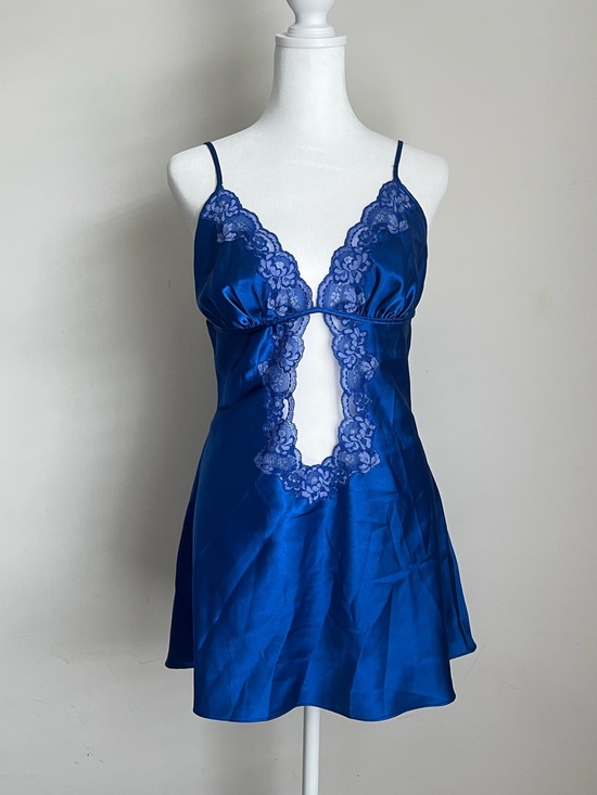Avon Other - Avon Blue Satin Lace Trim Babydoll Slip Dress Chemise Sz L Romantic Boudoir